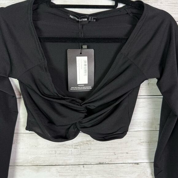 Pretty Little Things Black Slinky Ruched Front Long Sleeve Top Size 10 - Picture 2 of 4